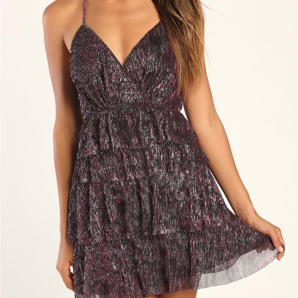 NEW Magenta Metallic Tiered Mini Dress - Picture 3 of 5